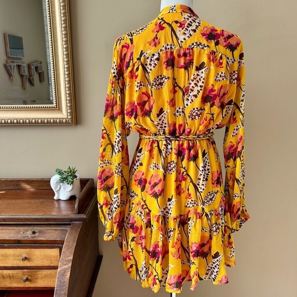 A.L.C. Yellow Floral Silk Jen Mini Dress Long Sleeve Belted Shirtdress Size XS S - Picture 8 of 16
